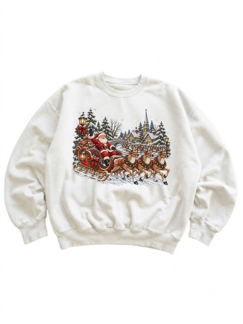 Gildan White Santa Sleigh Graphic Crewneck Sweater